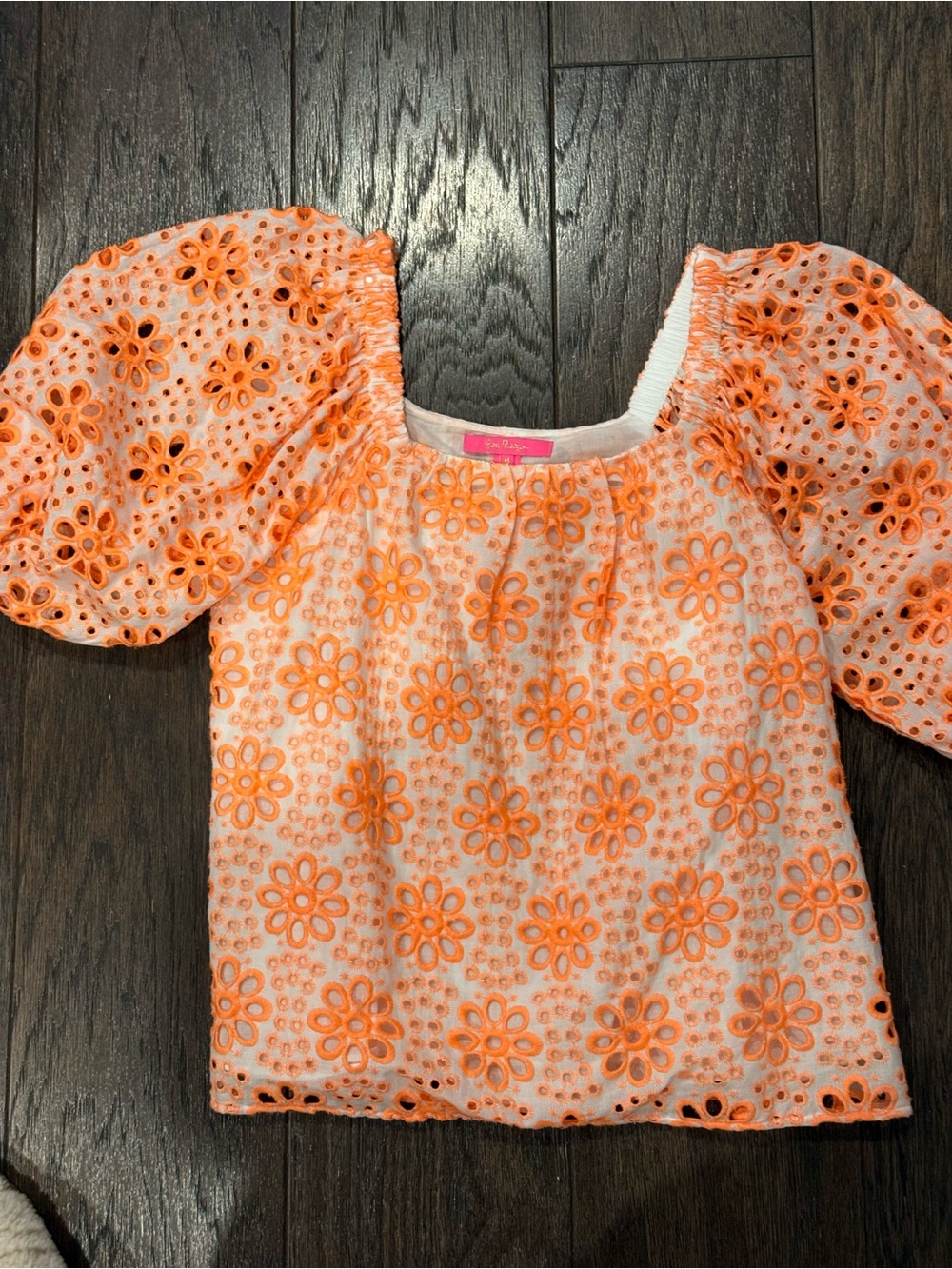 Lilly Pulitzer Orange Eyelet Floral Puff-Sleeve Top